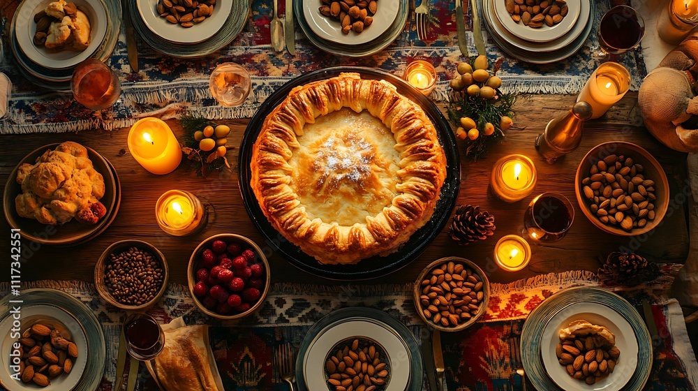 A festive Greek New Year table with vasilopita as the centerpiece, surrounded by small bowls of almonds, dried fruits, and glasses of wine, the table set with traditional Greek linens and patterns, A festive Greek New Year table with vasilopita as the centerpiece, surrounded by small bowls of almonds, dried fruits, and glasses of wine, the table set with traditional Greek linens and patterns,
