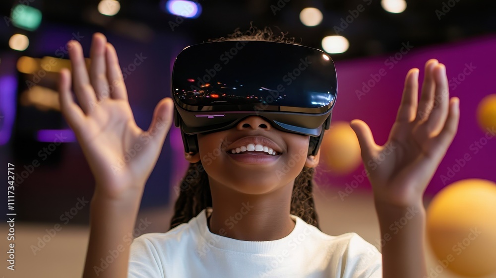 Virtual reality experience child engaged in vr play indoor gaming center digital interaction joyful atmosphere close-up view Virtual reality experience child engaged in vr play indoor gaming center digital interaction joyful atmosphere close-up view
