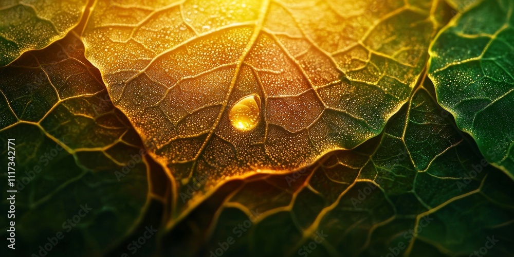 Obraz premium Golden Sunrise Dewdrop on Lush Green Leaf Macro Photography