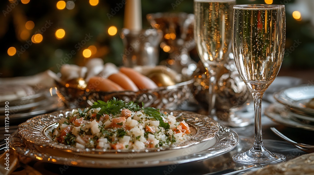 A festive Russian New Year table featuring a beautifully plated Olivier salad garnished with fresh herbs, a dish of pickled herring with onions, and glasses of champagne, A festive Russian New Year table featuring a beautifully plated Olivier salad garnished with fresh herbs, a dish of pickled herring with onions, and glasses of champagne,