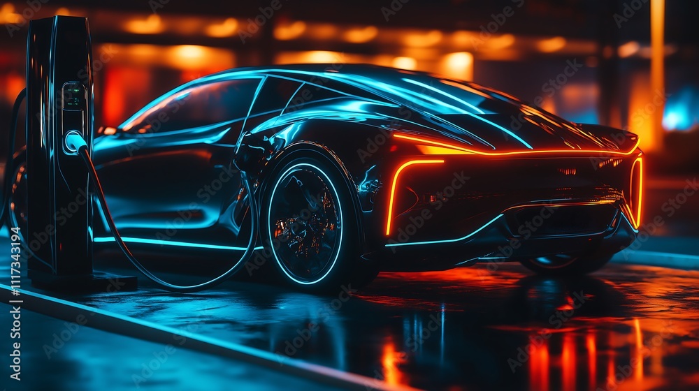 3D illustration of a high-tech car charging on battery charger. 3D illustration of a high-tech car charging on battery charger.