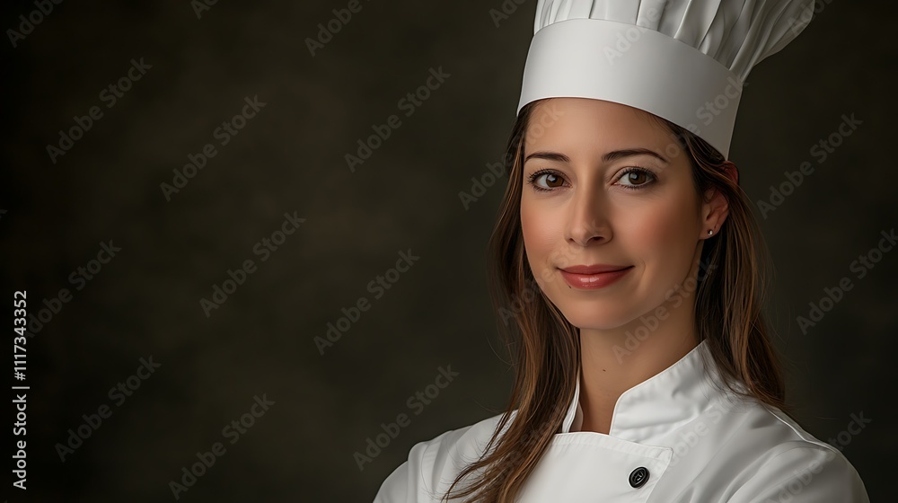 Confident female chef in white toque and jacket. Confident female chef in white toque and jacket.