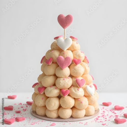 A romantic cream puff tower (croquembouche) decorated with heart-shaped sugar accents, isolated on white photo