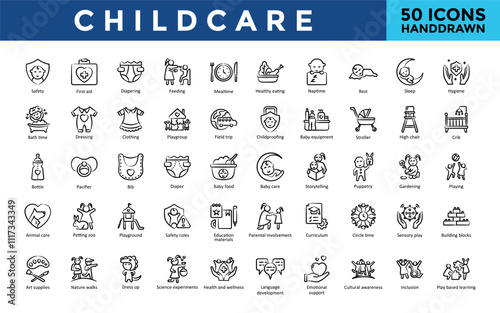 Childcare icons set with safety, first aid, diapering, feeding, mealtime, healthy eating, naptime, rest, sleep, hygiene icon. Simple handdrawn vector 
