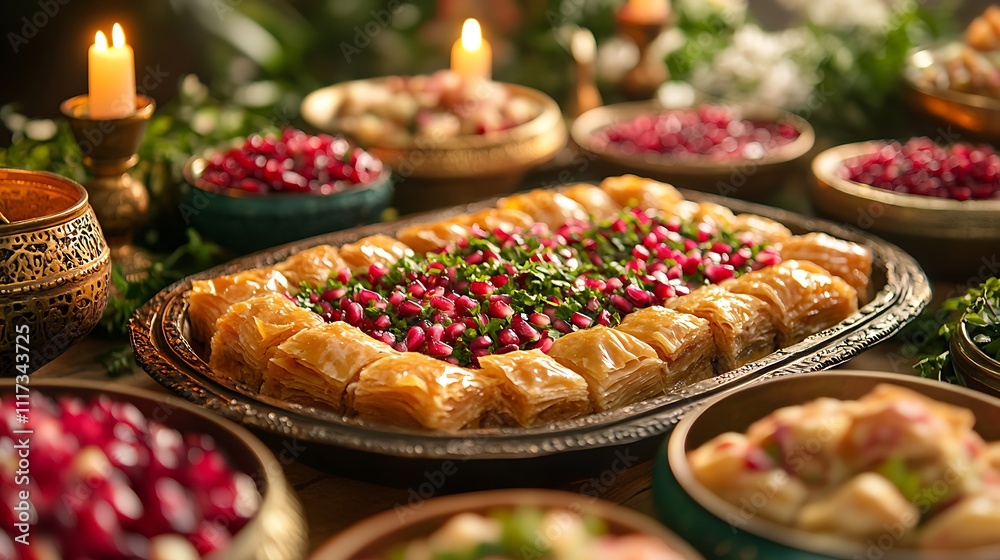 A festive Turkish dessert table featuring a large tray of baklava surrounded by bowls of fresh pomegranate seeds and a vibrant floral arrangement, candlelight casting a warm glow over the scene, A festive Turkish dessert table featuring a large tray of baklava surrounded by bowls of fresh pomegranate seeds and a vibrant floral arrangement, candlelight casting a warm glow over the scene,
