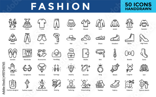 Fashion icons set with fashion, dress, t shirt, pants, skirt, blouse, shirt, jacket, coat, sweater icon. Simple handdrawn vector 
