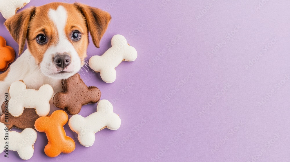 Playful puppy surrounded by colorful treats studio setting pet photography fun environment close-up view joyful concept Playful puppy surrounded by colorful treats studio setting pet photography fun environment close-up view joyful concept