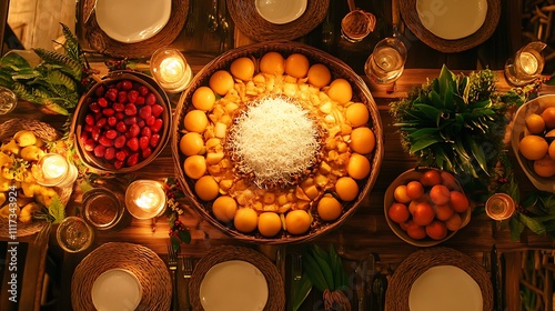 A Filipino New Year feast featuring a centerpiece of biko with coconut topping, surrounded by a circle of round fruits symbolizing luck, the table adorned with woven textiles and festive decorations, photo