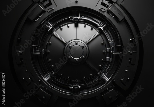 High-Quality Close-Up of a Matte Black Vault Door Featuring Intricate Design Elements and Secure Locking Mechanisms, Ideal for Financial and Security Themes