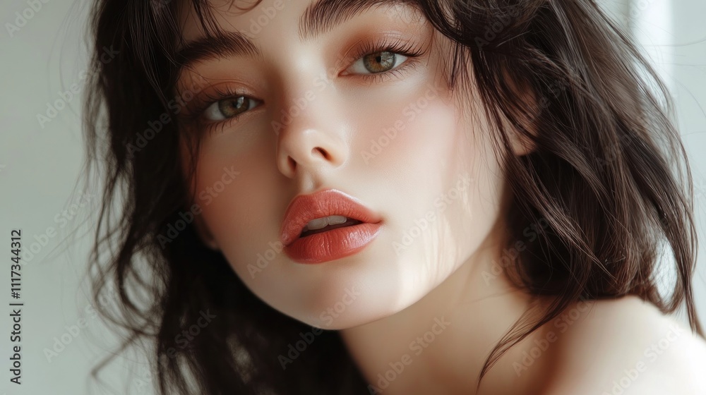 Close-up Portrait of a Young Woman with Dark Hair and Subtle Makeup Close-up Portrait of a Young Woman with Dark Hair and Subtle Makeup