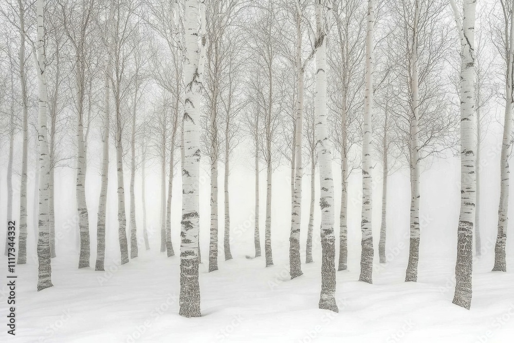 A serene winter landscape with bare trees in a foggy atmosphere. A serene winter landscape with bare trees in a foggy atmosphere.
