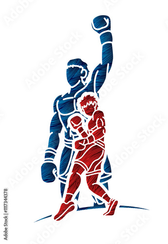 Graffiti Group of Fighter Boxing Sport Boxer Fighting Battle Action Cartoon Graphic Vector