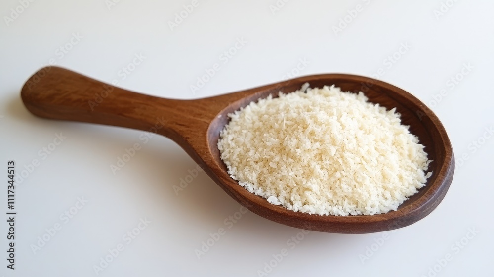 Fine Grated Coconut in Wooden Spoon on Light Background for Cooking Fine Grated Coconut in Wooden Spoon on Light Background for Cooking