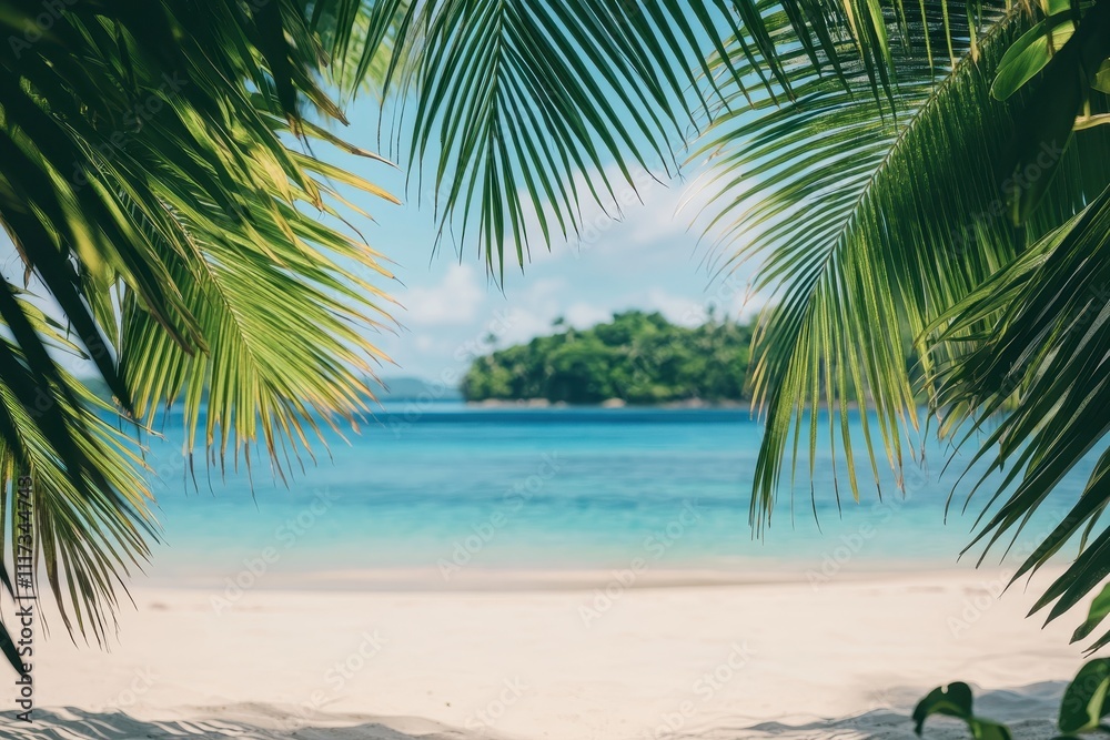 A serene beach view framed by palm leaves, showcasing clear waters and a tranquil island. A serene beach view framed by palm leaves, showcasing clear waters and a tranquil island.