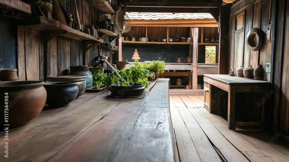 Ancient wooden old kitchen with many herbs for cooking in country house that still retain the cultural identity of old days decoration for Thai architecture traditional wooden house of Thailand Ancient wooden old kitchen with many herbs for cooking in country house that still retain the cultural identity of old days decoration for Thai architecture traditional wooden house of Thailand