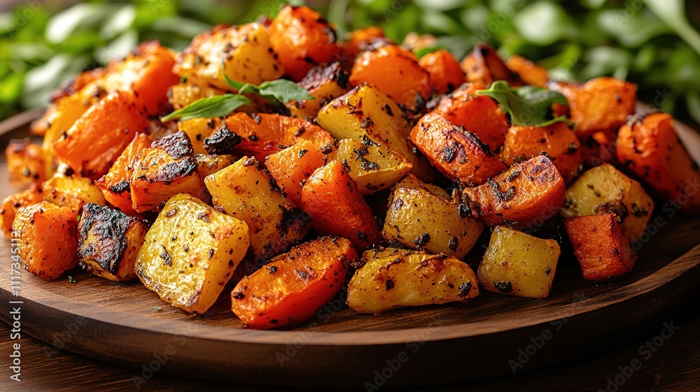 close-up of roasted vegetables on wooden plate with blurred greenery in background for veganuary meals close-up of roasted vegetables on wooden plate with blurred greenery in background for veganuary meals