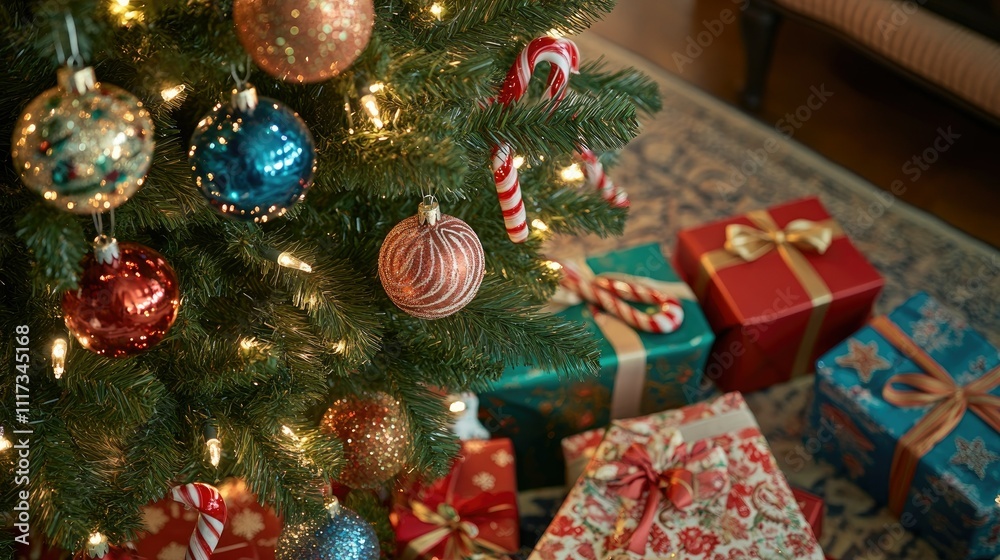 A close-up of a Christmas tree with sparkling fairy lights, colorful baubles, and candy canes, with wrapped presents visible at the base. A close-up of a Christmas tree with sparkling fairy lights, colorful baubles, and candy canes, with wrapped presents visible at the base.