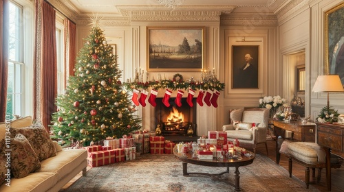 A festive living room showcasing a decorated Christmas tree, stockings hanging by the fireplace, and gifts arranged neatly beneath.