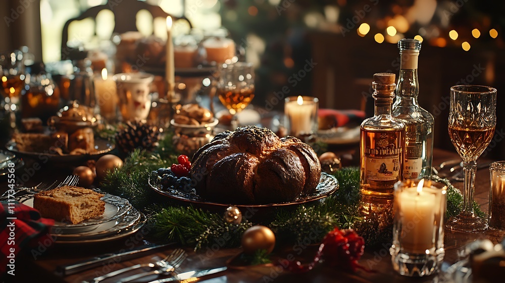 A luxurious Hogmanay dining table with a perfectly baked black bun, a selection of fine Scotch whisky, and decorative tartan elements, A luxurious Hogmanay dining table with a perfectly baked black bun, a selection of fine Scotch whisky, and decorative tartan elements,