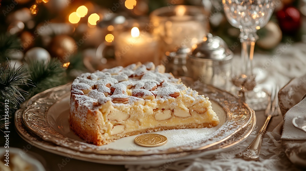 A luxurious New Year table spread with vasilopita on a fine porcelain plate, garnished with sugared almonds and powdered sugar, ornate silverware and Greek decorations completing the setup, A luxurious New Year table spread with vasilopita on a fine porcelain plate, garnished with sugared almonds and powdered sugar, ornate silverware and Greek decorations completing the setup,