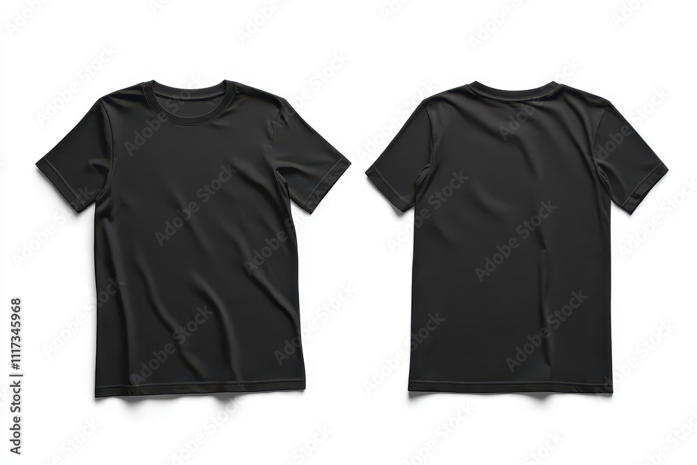 A black t-shirt displayed from the front and back, showcasing its design and texture. A black t-shirt displayed from the front and back, showcasing its design and texture.