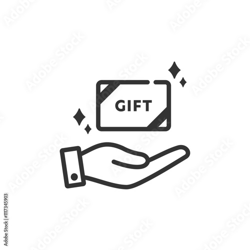 プリペイド式ギフトカード(商品券)と手のひらのベクターアイコン(線画・白黒)