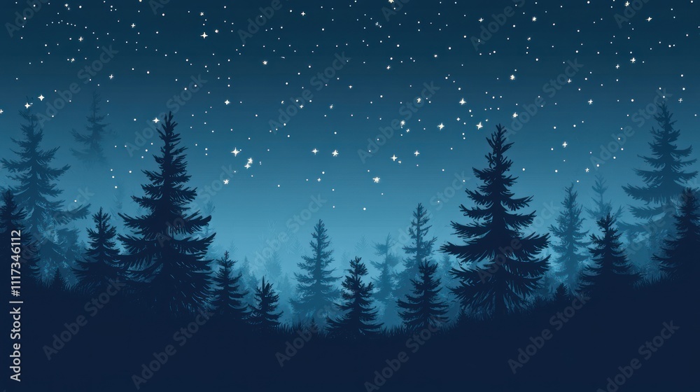 Fototapeta premium A serene night landscape featuring silhouetted trees under a starry sky.