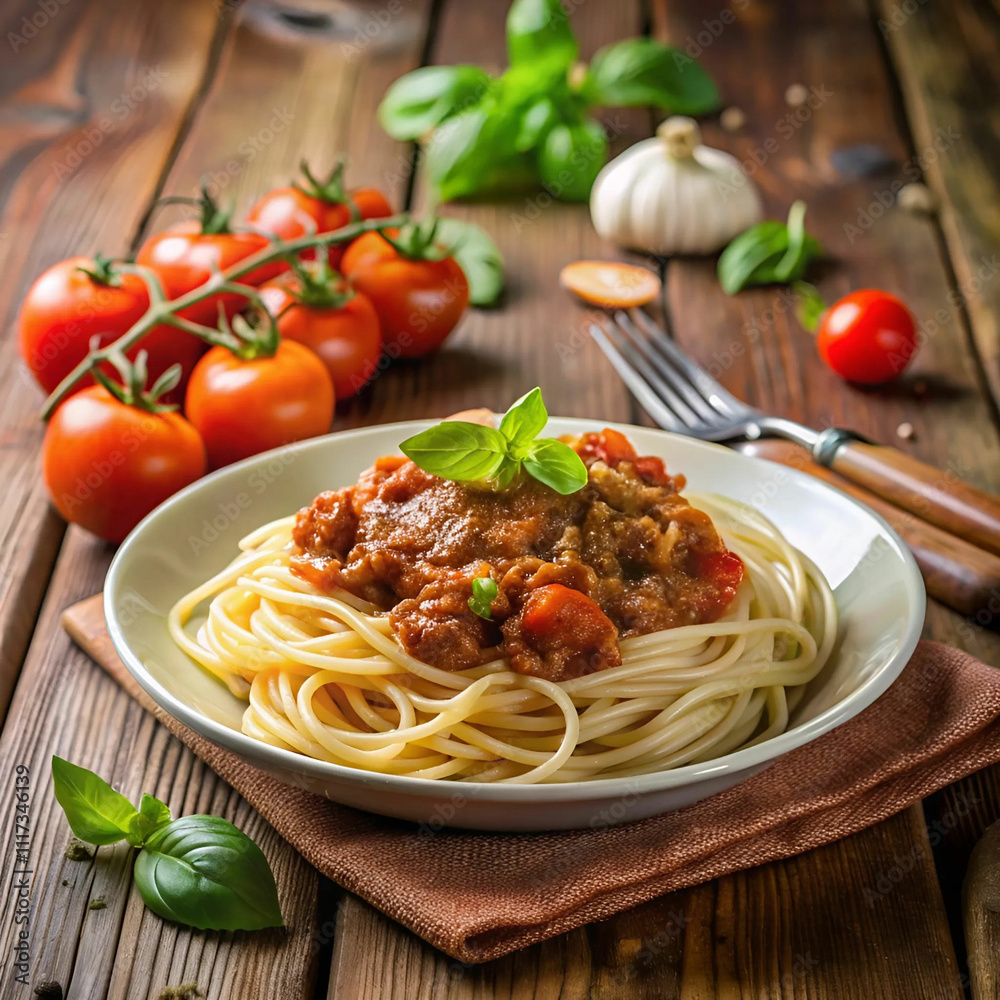 A plate of spaghetti topped with rich Bolognese sauce, garnished A plate of spaghetti topped with rich Bolognese sauce, garnished