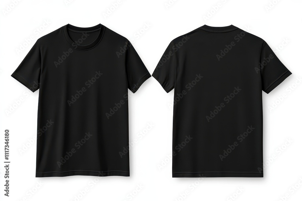 A black t-shirt displayed from the front and back for design or retail purposes. A black t-shirt displayed from the front and back for design or retail purposes.
