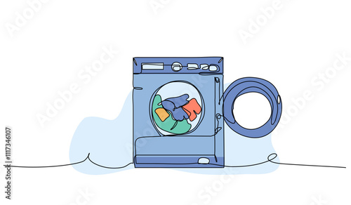 Vector illustration of laundry washing machine. Modern flat in continuous line style.