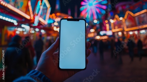 Blank Phone Screen Displayed Against Colorful Background A blank phone screen in a hand, set against the background of a colorful fairground at night. photo