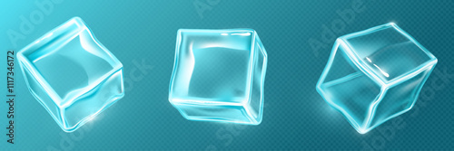 3D ice cubes set isolated on transparent background. Vector realistic illustration of glass or frozen water blocks shining with neon blue light, cold crystals for cool cocktail, glossy square bricks