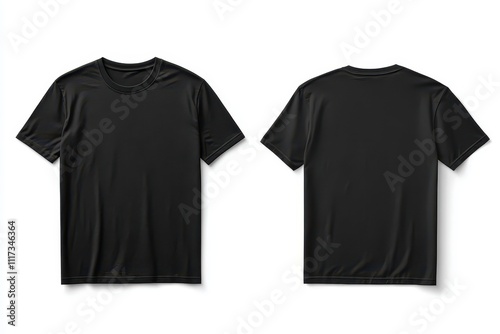 A plain black t-shirt displayed from the front and back, showcasing its simple design. photo