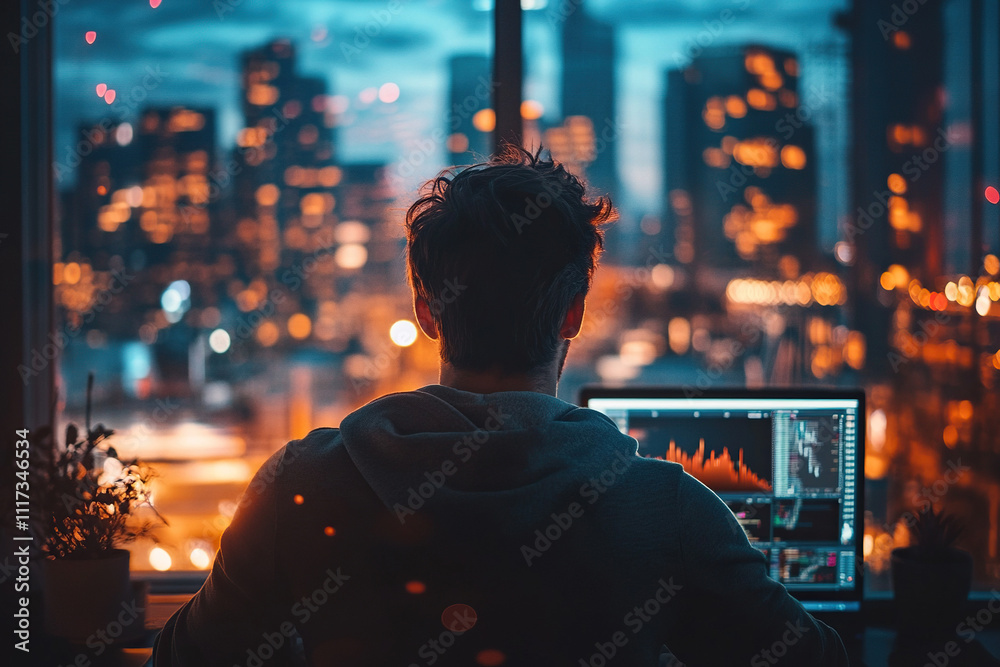Rear view of young man working on computer in front of panoramic window in evening.