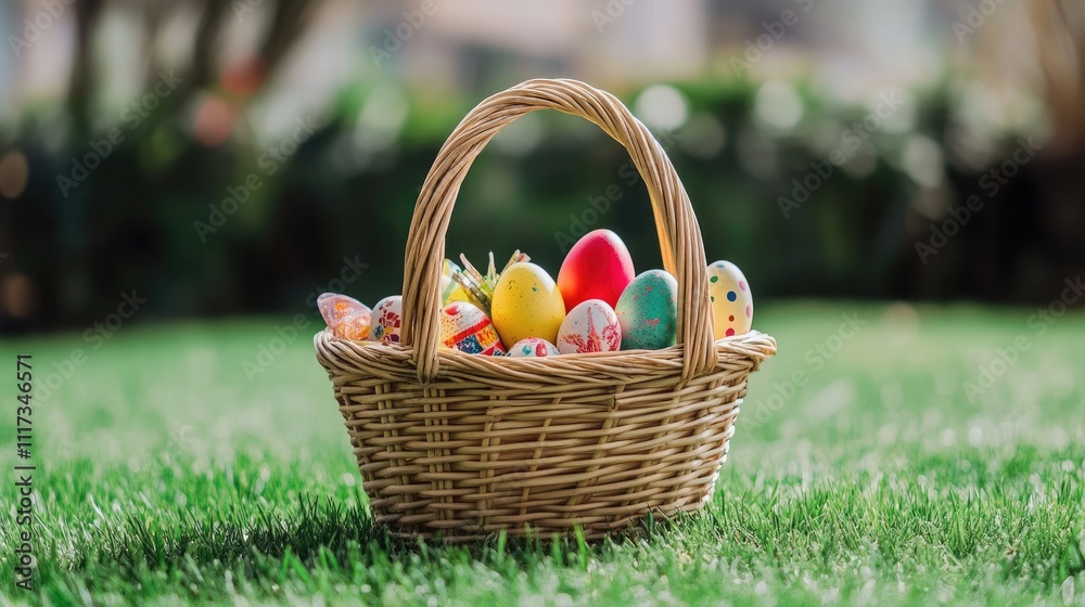 Colorful Easter Eggs in Wicker Basket on Green Grass Background Colorful Easter Eggs in Wicker Basket on Green Grass Background
