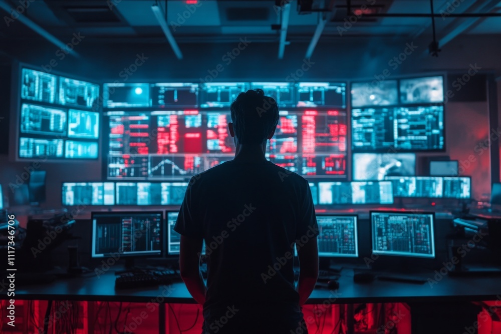 A figure stands before multiple glowing screens in a futuristic control room. The high-tech environment suggests advanced monitoring and analysis. Generative AI A figure stands before multiple glowing screens in a futuristic control room. The high-tech environment suggests advanced monitoring and analysis. Generative AI