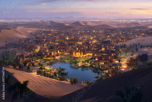 Breathtaking view of a glowing desert oasis town at dusk, surrounded by vast sand dunes, perfect for themes of tranquility, travel, and the beauty of remote landscapes photo