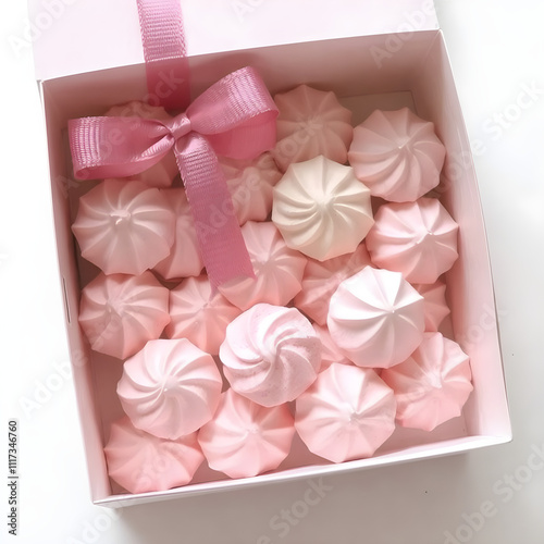 A box of pastel-colored meringue kisses in romantic pink and white tones, on white photo