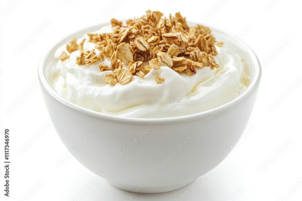 A bowl of yogurt topped with granola, ideal for a healthy breakfast or snack. A bowl of yogurt topped with granola, ideal for a healthy breakfast or snack.
