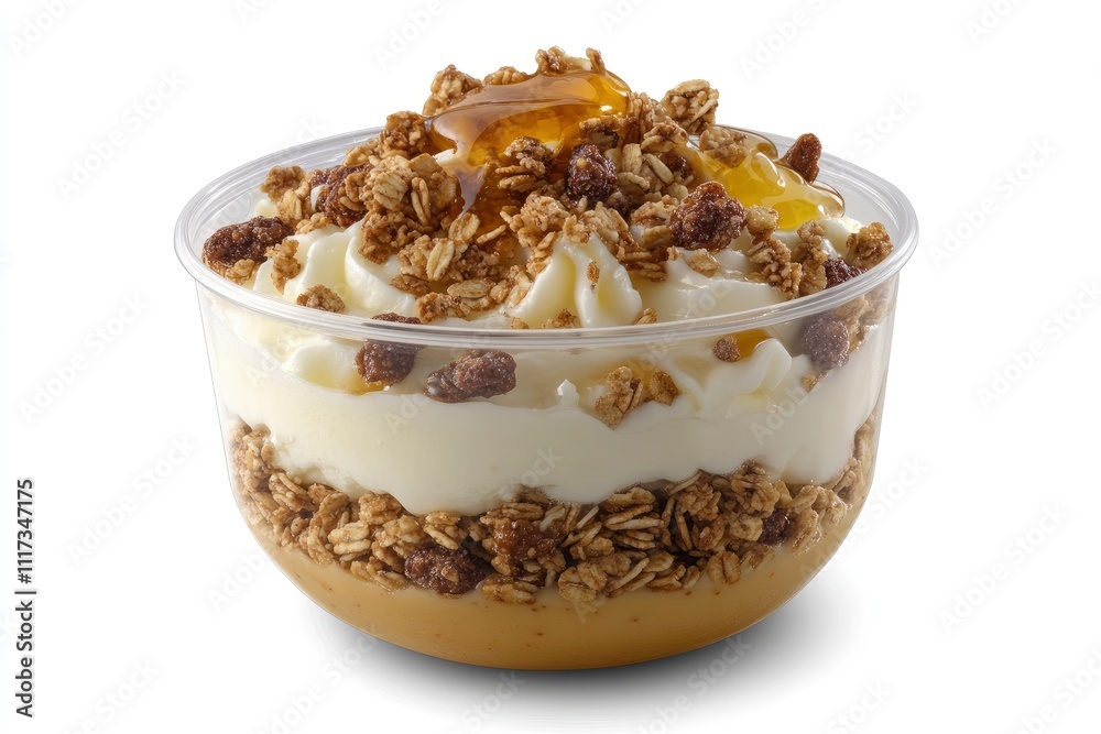 A layered dessert featuring yogurt, granola, and honey in a clear cup. A layered dessert featuring yogurt, granola, and honey in a clear cup.
