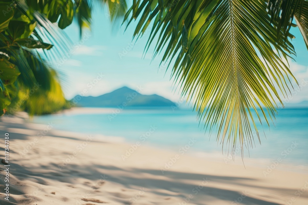A serene beach scene with palm leaves framing a tranquil ocean view. A serene beach scene with palm leaves framing a tranquil ocean view.