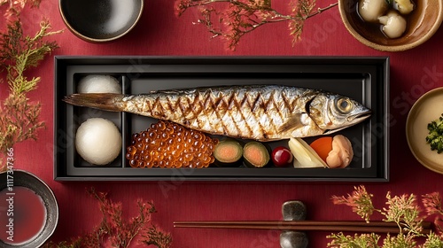 A minimalist presentation of osechi ryori dishes, with mochi and fish roe neatly placed in a single lacquered box, grilled fish resting beside pickled vegetables, photo