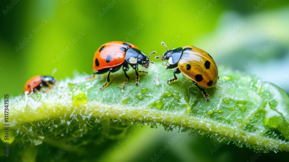 Fototapeta premium Ladybugs on Green Leaf with Dew Drops