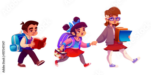 Schoolkids and female teacher walking to school isolated on white background. Vector cartoon illustration of smart boy with backpack reading book, little girl carrying lunch box, holding mothers hand
