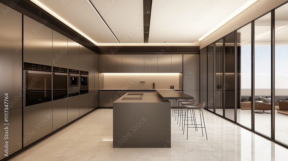 Fototapeta premium Spacious, modern kitchen with sleek cabinetry, state-of-the-art appliances, and a large island with minimalist bar stools for seating.