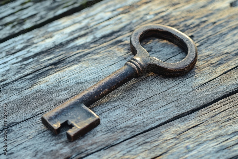 Antique skeleton key closeup on standard wooden surface rustic vintage theme detailed photography inviting natural light concept for collectors and history enthusiasts Antique skeleton key closeup on standard wooden surface rustic vintage theme detailed photography inviting natural light concept for collectors and history enthusiasts