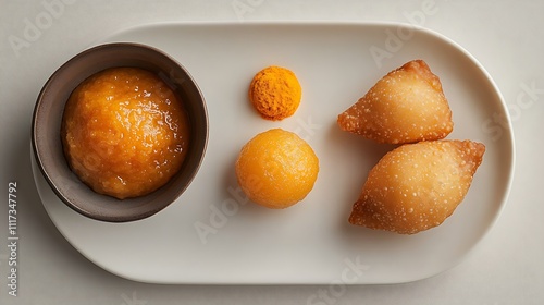 A minimalist setup featuring a golden laddoo on a modern white plate, accompanied by a small bowl of saffron halwa and crispy kachoris on the side, natural light casting gentle shadows, hd quality, photo