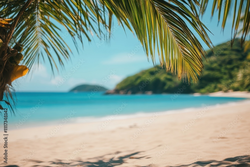 A serene beach scene with palm leaves framing a tranquil ocean view. A serene beach scene with palm leaves framing a tranquil ocean view.