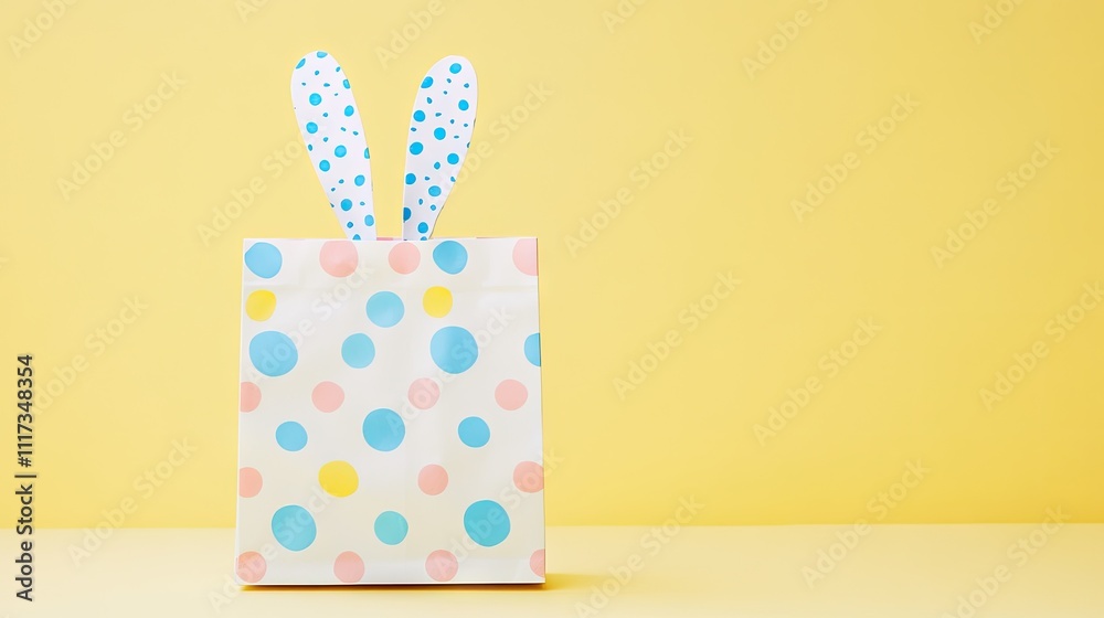 Colorful Gift Bag with Bunny Ears on Bright Yellow Background
