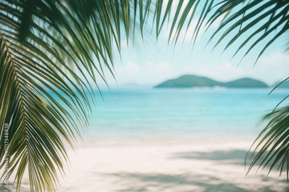 A serene beach scene framed by palm leaves, showcasing tranquil waters and distant islands. A serene beach scene framed by palm leaves, showcasing tranquil waters and distant islands.